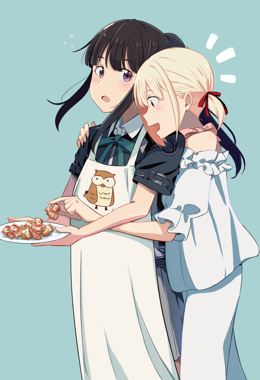 2girls absurdres apron aqua_ribbon bare_shoulders black_hair blue_background blue_dress blunt_bangs blush bow chai_haru collared_shirt commentary cookie dress feet_out_of_frame floating_hair food frilled_shirt frilled_sleeves frills from_side grey_dress hair_ribbon hand_on_another's_shoulder highres holding holding_plate hug hug_from_behind inoue_takina long_hair looking_at_viewer lycoris_recoil lycoris_uniform medium_hair multiple_girls neck_ribbon nishikigi_chisato off-shoulder_shirt off_shoulder open_mouth pants pink_bow plate pleated_dress ponytail puffy_short_sleeves puffy_sleeves red_eyes red_ribbon ribbon shadow shirt short_sleeves sidelocks simple_background smile symbol-only_commentary teeth two-tone_dress violet_eyes white_apron white_pants white_shirt yuri