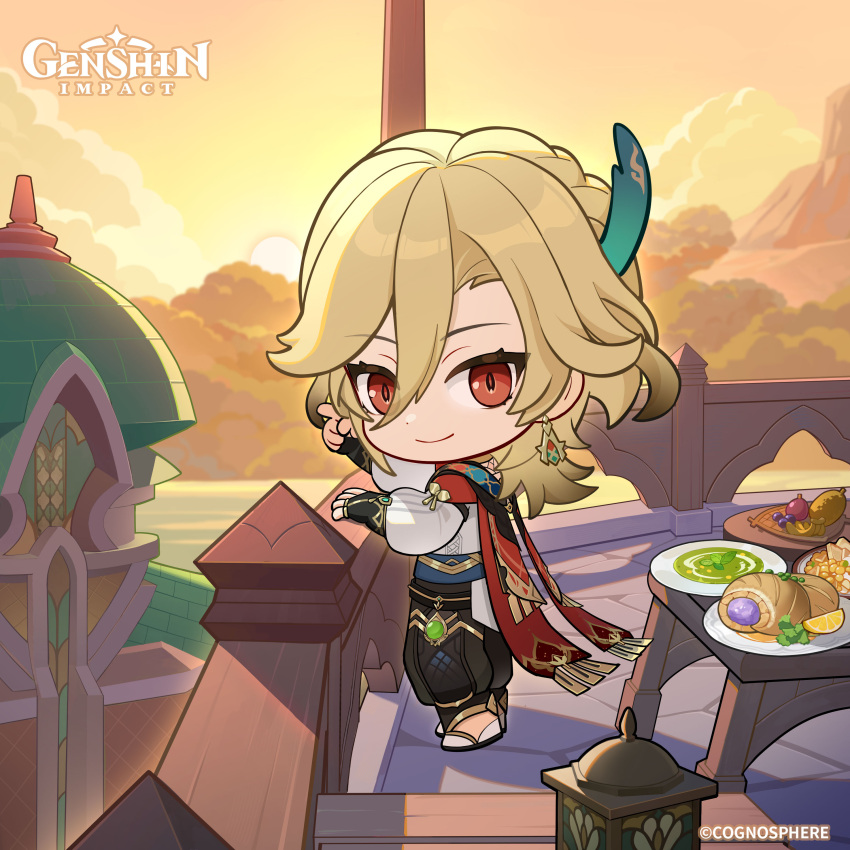 1boy absurdres banana black_pants blonde_hair chibi closed_mouth clouds copyright_name dot_nose earrings english_commentary food from_side fruit genshin_impact grapes hair_between_eyes highres jewelry kaveh_(genshin_impact) lemon light_smile long_hair long_sleeves looking_at_viewer male_focus mountain mountainous_horizon official_art outdoors pants plate pointing puffy_long_sleeves puffy_sleeves red_eyes second-party_source shirt single_earring standing sunset table white_shirt