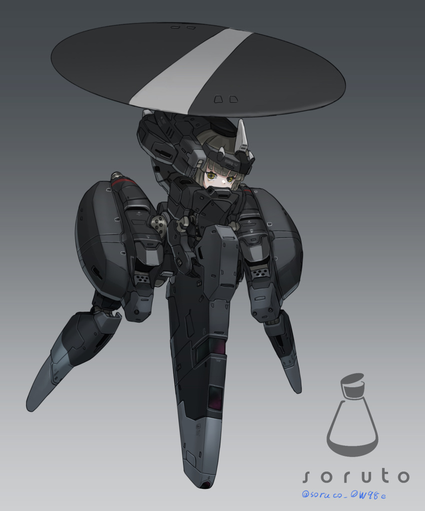 1girl armor commentary_request covered_mouth forehead_protector full_body gradient_background grey_background highres joints looking_at_viewer mecha_musume original radar_dish robot_joints solo soruto_0w98e yellow_eyes