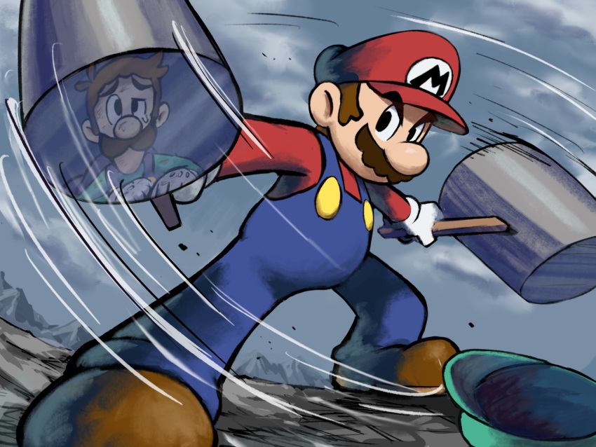 2boys blue_overalls boots brothers brown_footwear brown_hair dual_wielding facial_hair gloves green_headwear green_shirt grey_sky hammer hat headwear_removed highres holding holding_hammer holding_weapon looking_at_viewer luigi male_focus mario mario_&amp;_luigi_rpg masanori_sato_(style) multiple_boys mustache outdoors overalls red_headwear red_shirt reflection shirt siblings sky standing super_mario_bros. weapon white_gloves ya_mari_6363