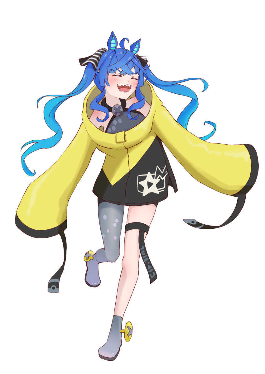 1girl absurdres animal_ears black_dress black_ribbon blue_hair coat commentary cosplay dress facing_to_the_side full_body grey_thighhighs hair_ribbon halterneck highres horse_ears horse_girl iono_(pokemon) iono_(pokemon)_(cosplay) leg_up long_hair long_sleeves open_mouth pokemon pokemon_(game) pokemon_sv ribbon sharp_teeth short_dress sidelocks simple_background single_thighhigh sleeves_past_fingers sleeves_past_wrists smile solo standing standing_on_one_leg star_(symbol) teeth thigh-highs thigh_strap twin_turbo_(umamusume) twintails umamusume white_background yellow_coat zephda