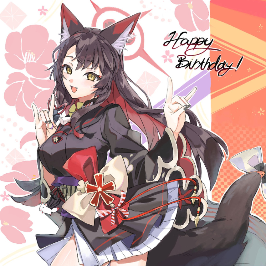 1girl animal_ear_fluff animal_ears black_hair black_nails black_sailor_collar blue_archive blush bow breasts fang fox_ears fox_girl fox_shadow_puppet fox_tail gawa1517025 halo happy_birthday highres japanese_clothes large_breasts long_hair long_sleeves looking_at_viewer multicolored_hair nail_polish open_mouth redhead sailor_collar simple_background solo tail tail_bow tail_ornament wakamo_(blue_archive) wide_sleeves yellow_eyes