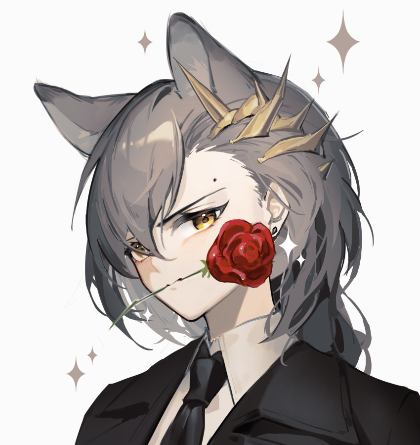 1girl absurdres akechi_(826988799) animal_ears arknights black_jacket black_necktie brown_hair collared_shirt dress_shirt earrings extra_ears flower flower_in_mouth hair_between_eyes hair_ornament highres jacket jewelry lapels long_hair looking_at_viewer mole necktie penance_(arknights) portrait red_flower red_rose rose shirt simple_background solo sparkle suit suit_jacket white_background white_shirt wolf_ears wolf_girl yellow_eyes