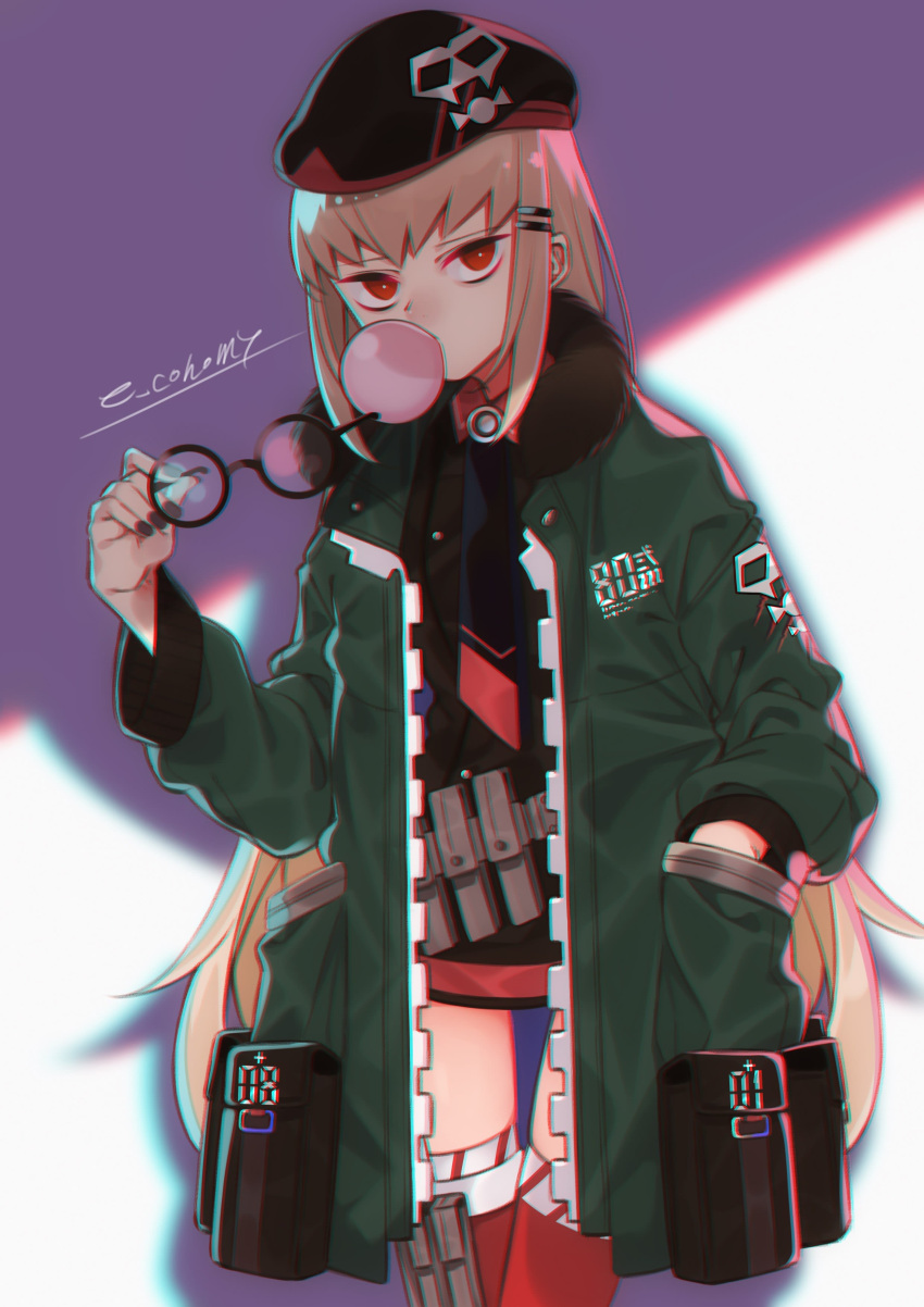 1girl absurdres beret black_headwear black_nails black_shirt blonde_hair bubble_blowing chewing_gum commentary_request e_draw_paint fingernails girls_frontline glasses green_jacket hair_ornament hairclip hand_in_pocket hat highres holding holding_eyewear jacket load_bearing_equipment long_hair long_sleeves looking_at_viewer open_clothes open_jacket pouch red_eyes red_thighhighs round_eyewear shirt simple_background skindentation solo thigh-highs twitter_username type_80_(girls'_frontline) very_long_hair