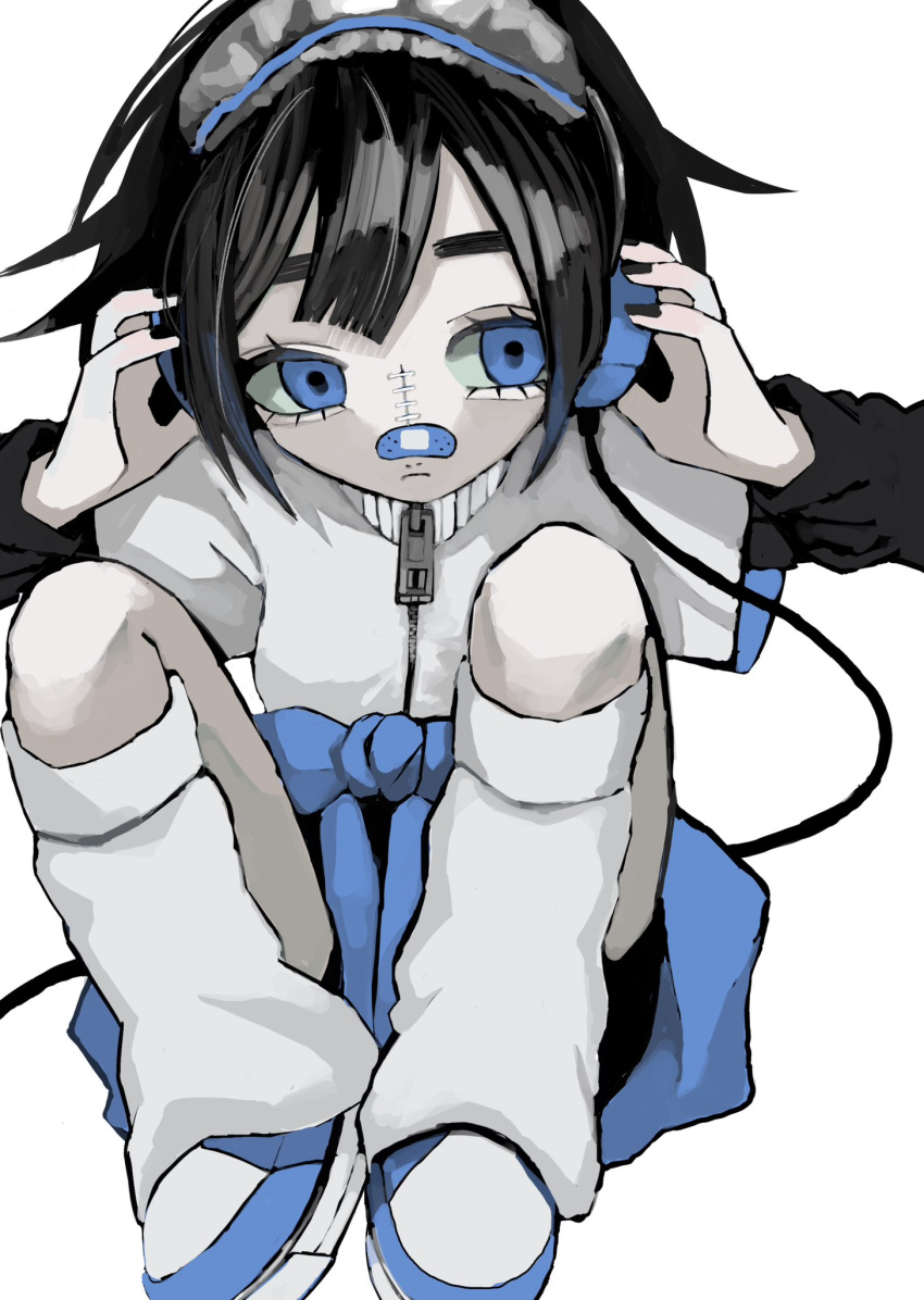 1girl bandaid bandaid_on_face bandaid_on_nose black_hair black_nails black_shirt black_shorts blue_eyes blue_footwear breasts closed_mouth clothes_around_waist commentary hands_on_headphones hands_up headphones highres jacket kneehighs knees_apart_feet_together knees_up layered_sleeves long_sleeves looking_at_viewer loose_socks nail_polish original shirt shoes short_hair short_over_long_sleeves short_sleeves shorts simple_background sitting small_breasts socks solo stitches symbol-only_commentary urokogaran white_background white_jacket white_socks zipper zipper_pull_tab