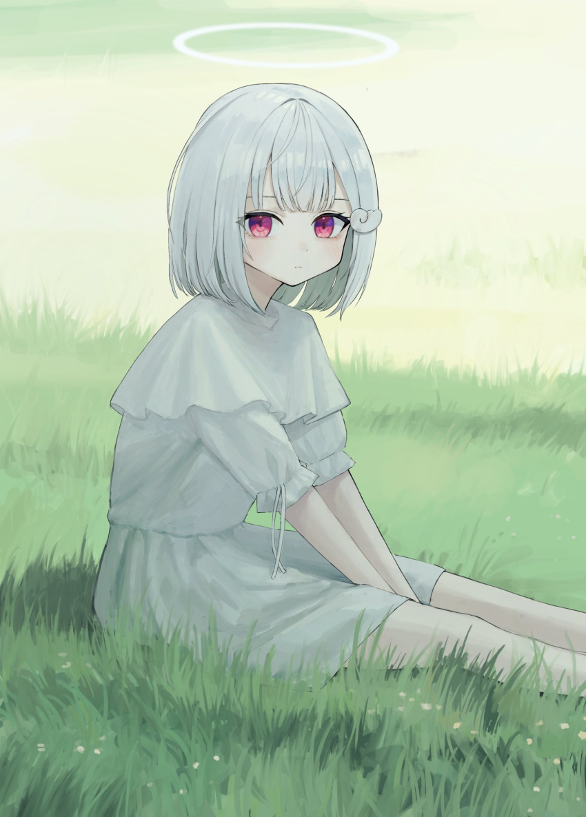 1girl closed_mouth day double-parted_bangs dress expressionless feet_out_of_frame grass hair_ornament halo highres looking_at_viewer medium_hair on_grass on_ground original outdoors red_eyes sakiika0513 shell_hair_ornament short_dress short_sleeves sitting solo white_dress white_hair white_halo