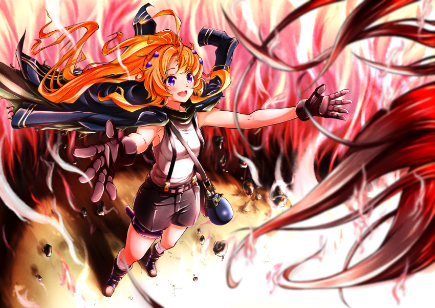 1girl absurdres bag black_gloves boots breasts commentary_request duel_monster ecclesia_(yu-gi-oh!) facial_mark fire forehead_mark foreshortening gloves handbag highres incredible_ecclesia_the_virtuous jacket jacket_on_shoulders long_hair medium_breasts open_mouth orange_hair outstretched_arms ponytail short_shorts shorts smile solo suspenders violet_eyes winda_4n96 yu-gi-oh!