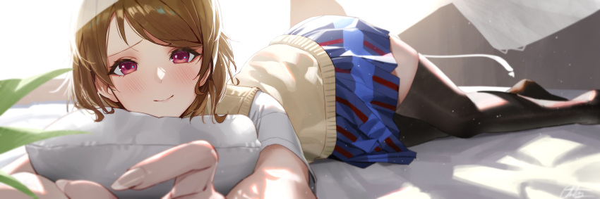 1girl absurdres black_thighhighs blue_skirt blush brown_hair chanism! closed_mouth commentary commission highres koizumi_hanayo looking_at_viewer love_live! love_live!_school_idol_project lying object_hug pillow pillow_hug pixiv_commission pleated_skirt reaching reaching_towards_viewer red_eyes shirt short_hair short_sleeves skirt smile solo sweater thigh-highs white_shirt yellow_sweater zettai_ryouiki