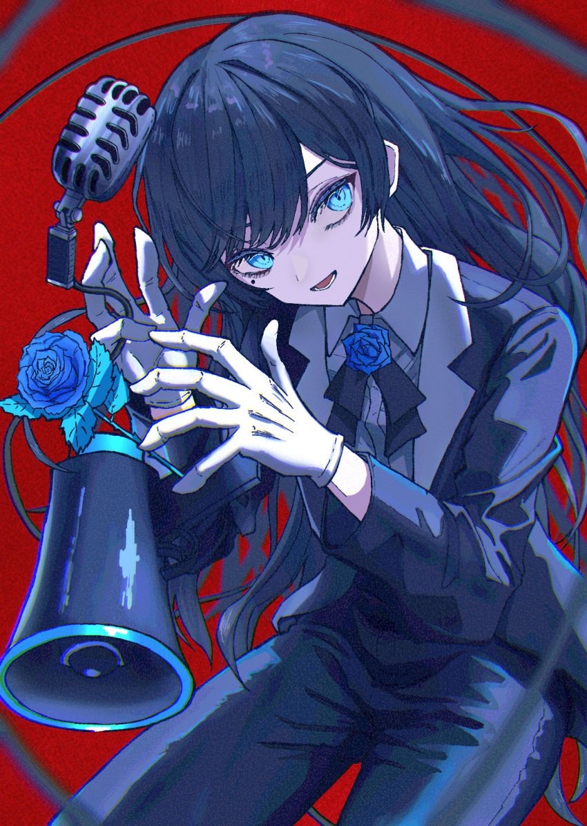 1girl ado_(singer) aqua_eyes black_hair black_suit blue_eyes blue_flower blue_rose cable cloud_nine_inc collared_shirt cowboy_shot dress_shirt flower formal gloves highres long_hair long_sleeves looking_to_the_side megaphone microphone mole mole_under_eye open_mouth pant_suit pants red_background rose shirt solo suit suit_jacket takayou utaite vintage_microphone white_gloves