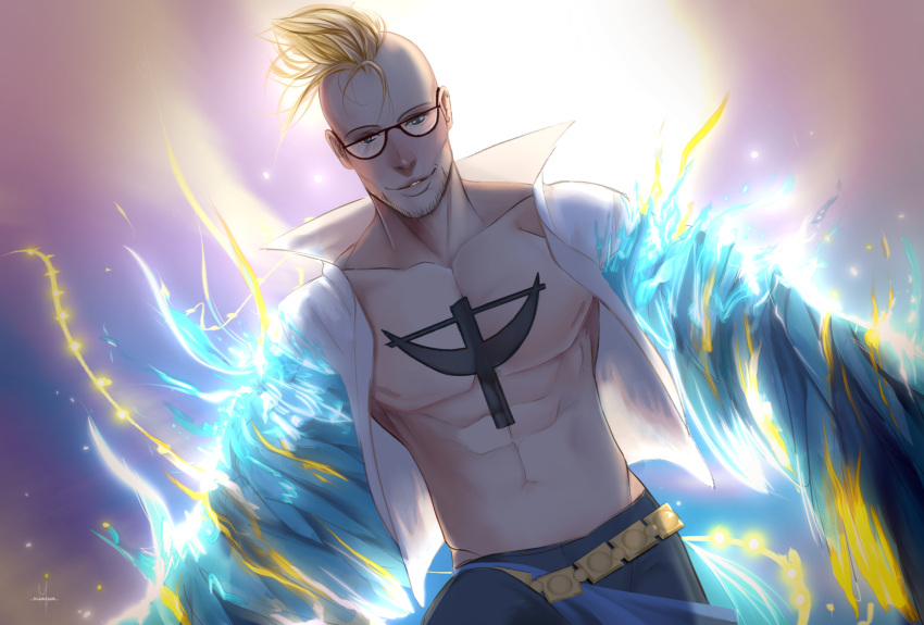 1boy anchor_tattoo blonde_hair blue_fire blue_wings facial_hair fiery_wings fire frojdhart glasses highres male_focus marco_(one_piece) one_piece pubic_tattoo short_hair signature solo solo_focus tattoo topless topless_male wings