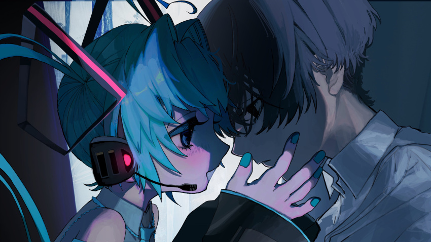 1boy 1girl absurdres black_eyes black_hair blue_eyes blue_hair blue_nails blush closed_mouth collared_shirt commentary_request detached_sleeves empty_eyes face-to-face from_side grey_shirt hair_intakes hair_ornament half-closed_eyes hand_on_another's_face hand_up hatsune_miku headset highres long_hair looking_at_another looking_down necktie numata_zombie open_mouth portrait profile shirt sleeveless sleeveless_shirt smile twintails vocaloid white_shirt