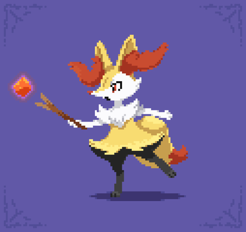 1girl animal_ear_fluff animal_ears animal_feet animal_hands animal_nose animated animated_gif balancing black_fur blinking body_fur border braixen commentary english_commentary flat_chest floating floating_object fox_ears fox_girl fox_tail full_body furry furry_female highres holding holding_stick leg_up looking_to_the_side looping_animation multicolored_fur neck_fur outstretched_arm pixel_art pokemon pokemon_(creature) purple_background purple_border red_eyes simple_background snout solo standing standing_on_one_leg stick tail telekinesis white_fur wide-eyed wisgarus yellow_fur