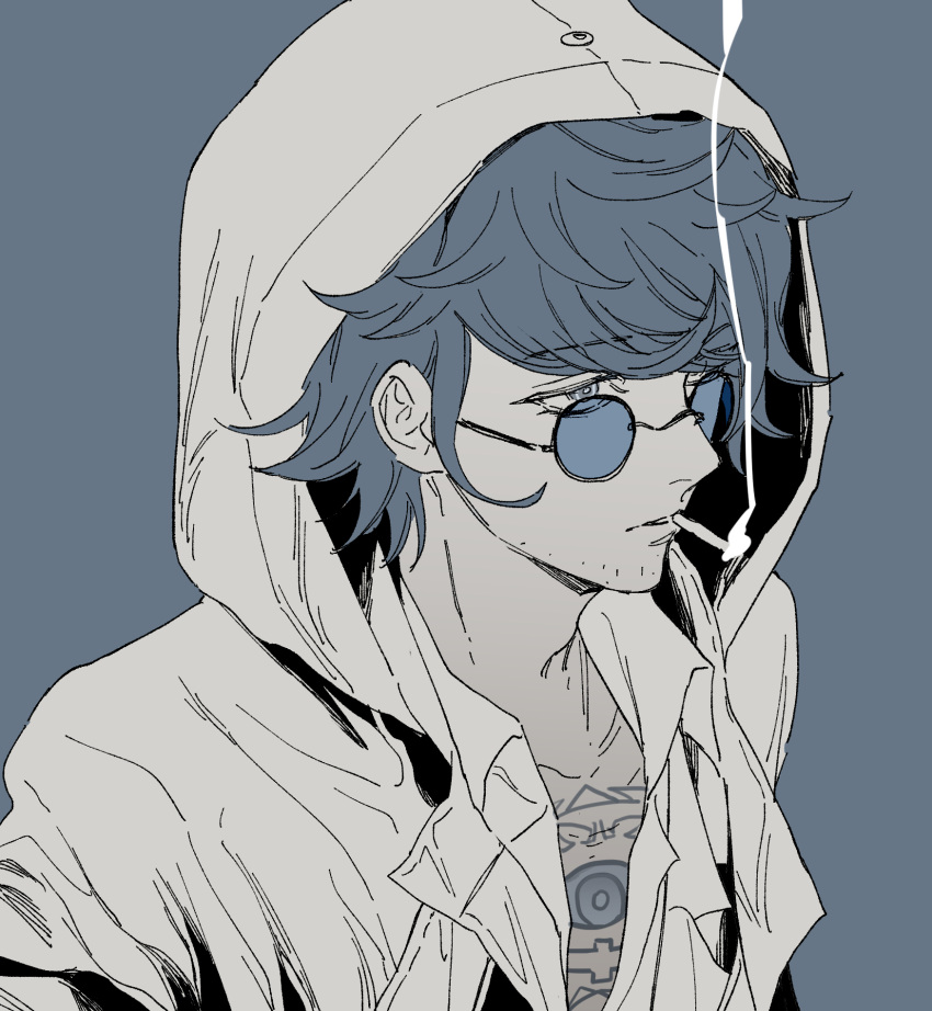 1boy chest_tattoo cigarette coat facial_hair glasses highres hood hood_up limited_palette male_focus master_detective_archives:_rain_code open_clothes parted_lips round_eyewear short_hair simple_background smoke smoking solo stubble tattoo tinted_eyewear upper_body xi_hsi yakou_furio