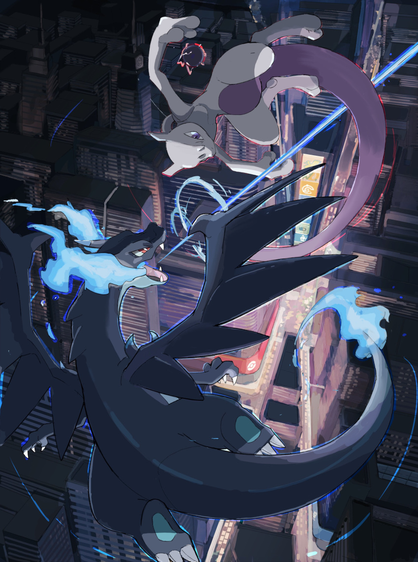 2others absurdres blue_fur building charizard city creature dragon fangs fighting fire flame-tipped_tail flying highres mega_charizard_x mega_pokemon mewtwo momota_pix multiple_others no_humans pokemon purple_tail red_eyes teeth wings