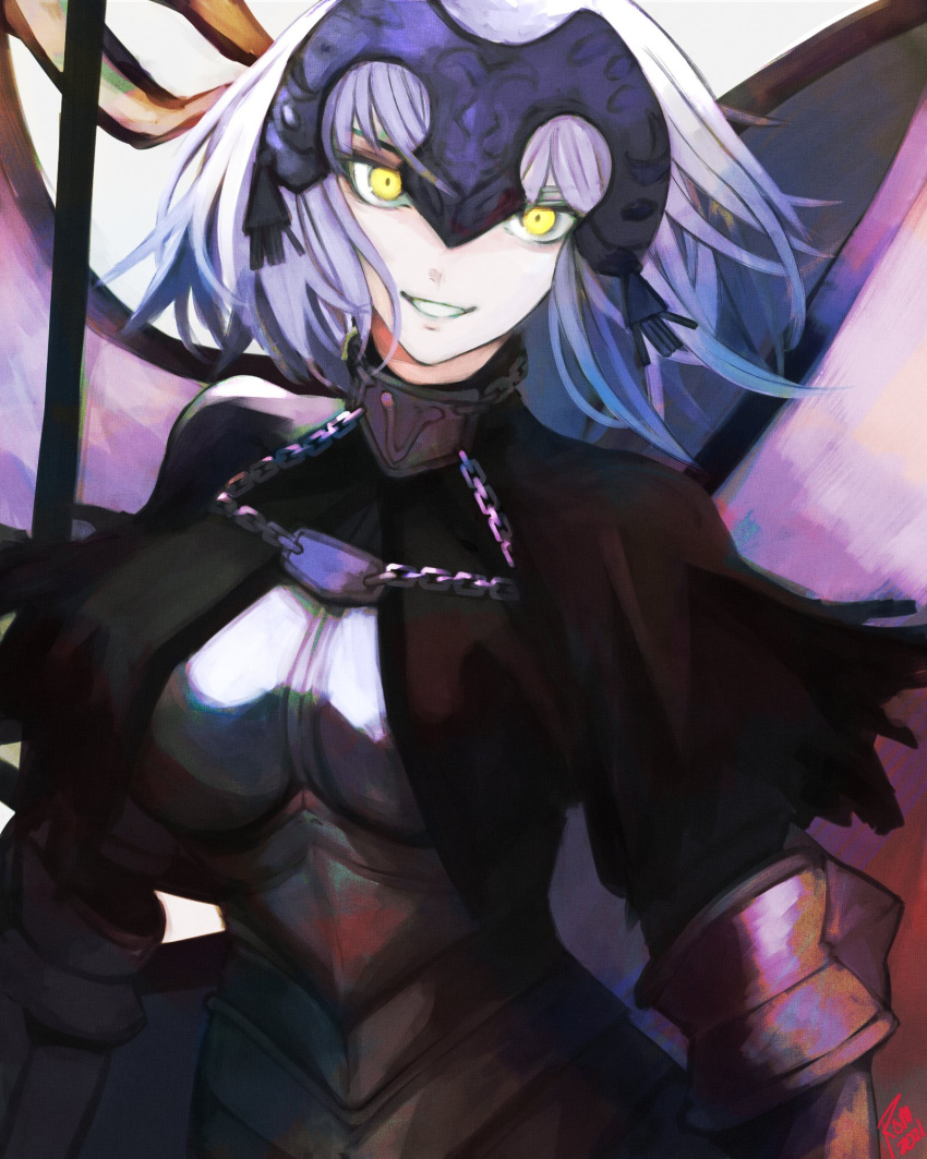 1girl armor armored_corset battle_standard chain cowter fate/grand_order fate_(series) gauntlets gorget highres jeanne_d'arc_alter_(avenger)_(fate) jeanne_d'arc_alter_(fate) looking_at_viewer moedredd short_hair solo standard_bearer white_hair wind yellow_eyes
