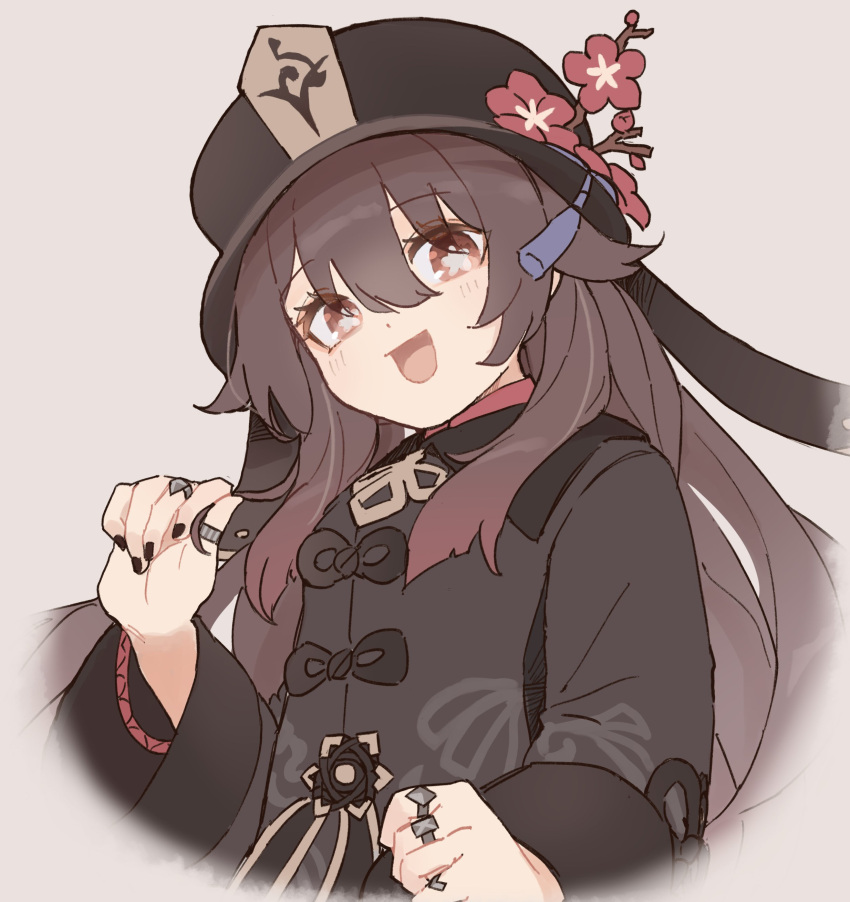 1girl absurdres black_coat black_headwear black_nails blush chinese_clothes coat collared_coat commentary flower flower-shaped_pupils genshin_impact grey_background hat hat_flower hat_tassel highres hu_tao_(genshin_impact) jewelry looking_at_viewer multiple_rings nail_polish open_mouth origami_gyokuo plum_blossoms porkpie_hat red_eyes ring simple_background smile solo symbol-shaped_pupils thumb_ring upper_body