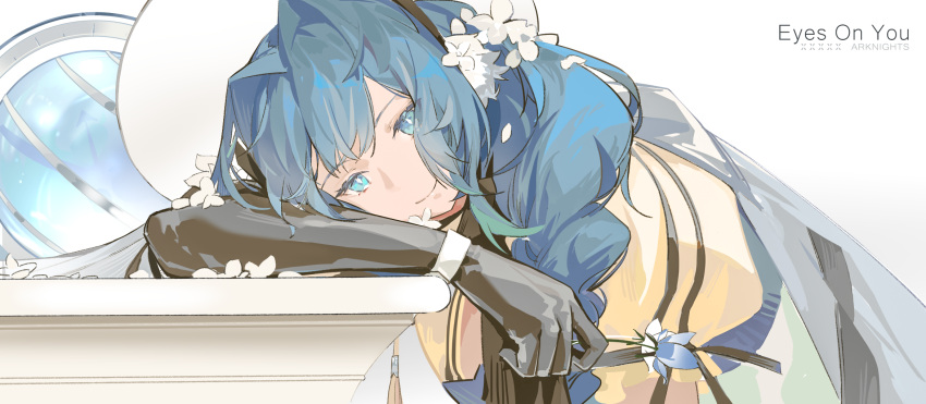 1girl arknights astesia_(arknights) astesia_(starseeker)_(arknights) blue_eyes blue_hair braid bright_pupils dress elbow_gloves flower flower_request globe gloves hair_ornament hat head_on_arm highres holding holding_flower liliyfox long_hair looking_at_viewer petals single_braid smile solo upper_body white_background white_pupils wide_brim