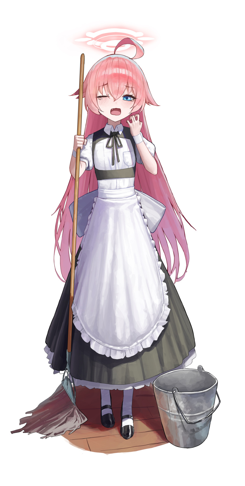 1girl ;o absurdres alternate_costume apron arms_up black_dress blue_archive blue_eyes blush dress enmaided fang frilled_apron frilled_dress frills full_body hair_between_eyes halo highres holding holding_mop hoshino_(blue_archive) hwan_(verypoor) long_dress long_hair looking_at_viewer maid mary_janes mop one_eye_closed pantyhose pink_hair shoes short_sleeves sleepy solo standing tears thigh-highs very_long_hair white_apron wristband yawning