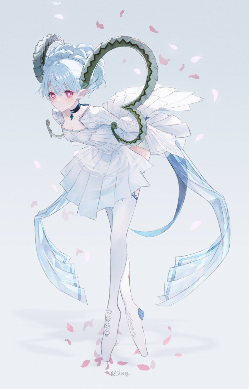1girl absurdres aqua_hair arms_behind_back black_choker blush braid breasts choker closed_mouth commentary crown_braid curled_horns dragon_girl dragon_horns dress fate/grand_order fate_(series) full_body green_horns highres horns large_horns larva_tiamat_(fate) long_sleeves looking_at_viewer petals pointy_ears ribbed_dress sherry_0014 simple_background sleeves_past_fingers sleeves_past_wrists small_breasts solo symbol-shaped_pupils tiamat_(fate) twitter_username white_dress x-shaped_pupils x_x
