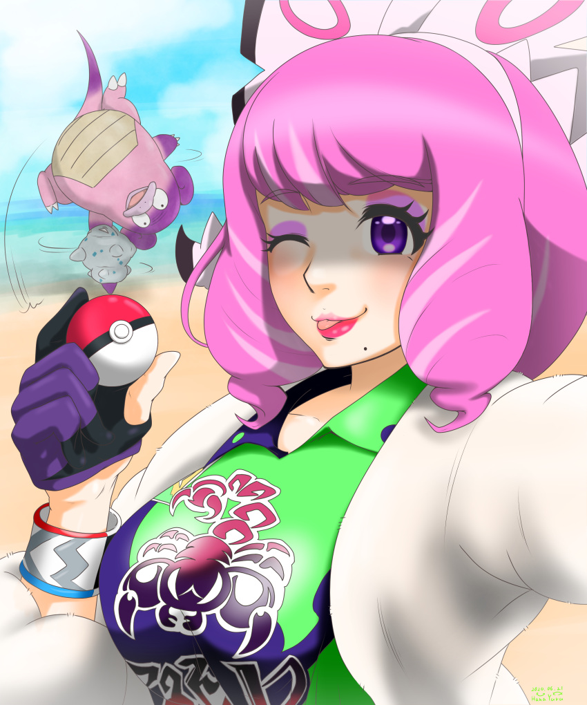 1girl absurdres asymmetrical_shirt beach bow breasts collarbone collared_shirt drill_hair eyeshadow fur_coat fur_jacket galarian_slowbro gloves hair_bow hairband highres holding holding_poke_ball jacket klara_(pokemon) large_breasts makeup mole mole_under_mouth one_eye_closed pink_eyeshadow pink_hair pink_lips poke_ball poke_ball_(basic) pokemon pokemon_(creature) pokemon_(game) pokemon_swsh selfie shirt short_hair single_glove talkinghopper tongue tongue_out twin_drills upper_body violet_eyes white_bow white_hairband