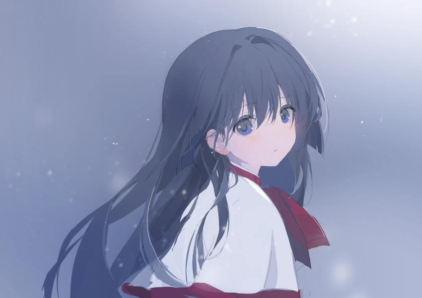 1girl blue_eyes blue_hair blush cape commentary_request expressionless eyelashes from_side grey_background hair_between_eyes hair_intakes highres kanon long_hair looking_at_viewer minase_nayuki nujii parted_lips red_ribbon ribbon school_uniform sidelocks simple_background snowing solo upper_body white_cape winter