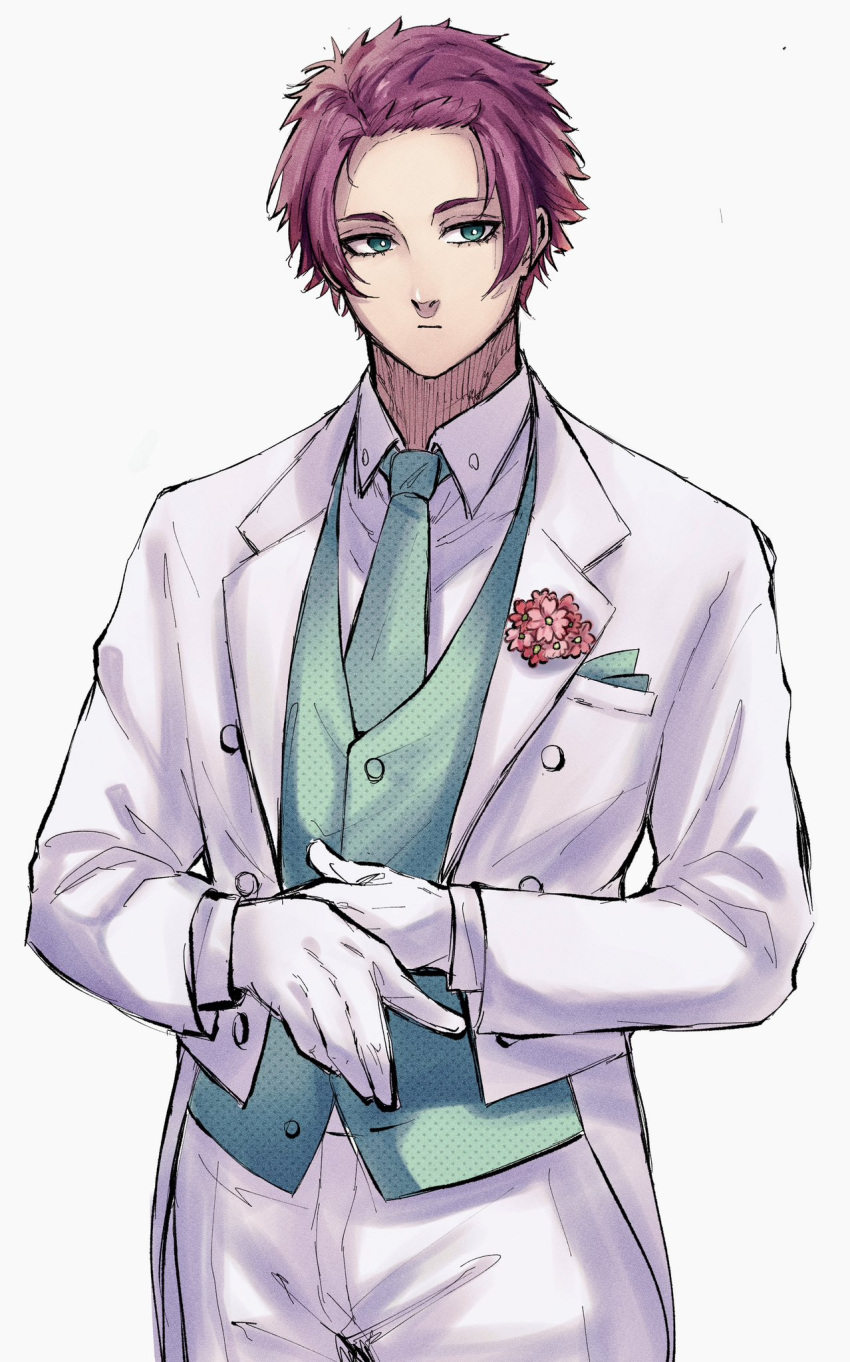 1boy blazer blue_lock breast_pocket bright_pupils buttons closed_mouth collared_shirt cowboy_shot gloves green_eyes green_necktie green_vest haru_(_266hr) highres itoshi_sae jacket lapels long_sleeves male_focus necktie notched_lapels open_clothes open_jacket pants pocket purple_hair shirt short_hair simple_background solo vest white_background white_gloves white_jacket white_pants white_pupils