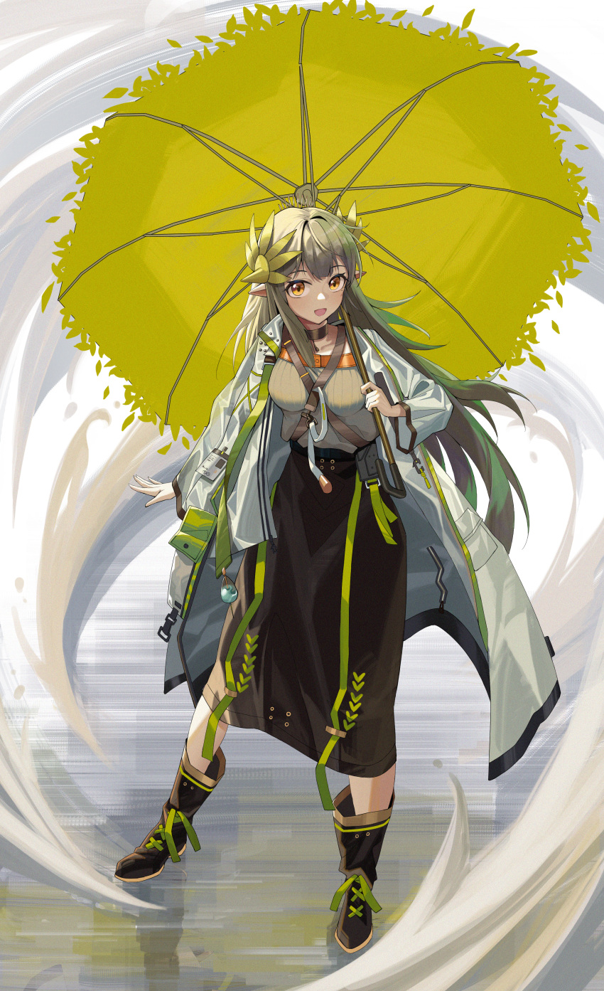 1girl 3251301605 absurdres arknights black_choker black_footwear black_skirt boots breasts buttons character_request choker coat full_body green_hair green_sweater grey_background hair_between_eyes hair_ornament hand_up highres holding holding_umbrella long_hair long_skirt long_sleeves looking_at_viewer medium_breasts open_clothes open_coat open_mouth pocket pointy_ears sidelocks simple_background skirt smile solo standing sweater umbrella white_background white_coat wide_sleeves yellow_eyes