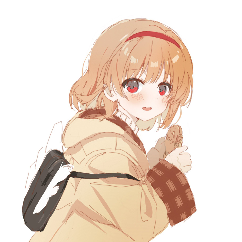 1girl :d angel_wings backpack bag black_bag blush brown_hair coat commentary_request eyelashes food from_side hair_between_eyes hairband highres holding holding_food hood hood_down kanon long_sleeves looking_at_viewer medium_hair nujii open_mouth red_eyes red_hairband simple_background smile solo taiyaki tsukimiya_ayu upper_body wagashi white_background white_wings wide_sleeves wing_ornament wings yellow_coat