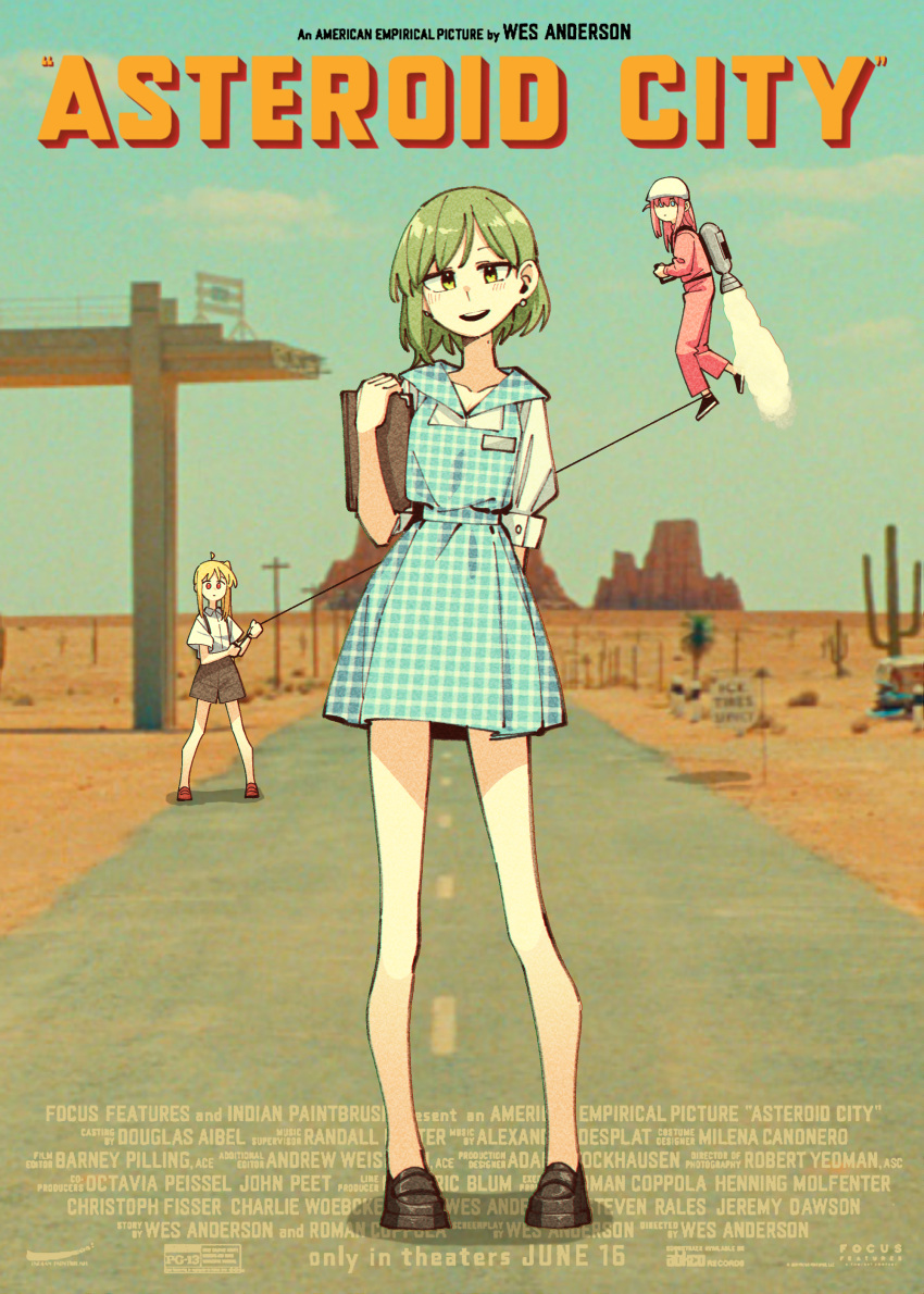3girls absurdres ahoge apron arm_behind_back asteroid_city_(movie) blonde_hair blue_apron blue_eyes blue_sky blurry blurry_background blush bocchi_the_rock! brown_shorts cactus closed_mouth collarbone collared_shirt commentary copyright_name cover day desert earrings english_commentary english_text fake_cover flying gotoh_hitori green_hair head_tilt helmet highres holding holding_menu holding_rope ijichi_nijika jetpack jewelry long_hair long_sleeves looking_at_viewer looking_to_the_side menu mole mole_on_neck mountain movie_poster multiple_girls nameplate neonfloyd one_side_up open_mouth outdoors parody pearl_earrings photo_background pink_hair pink_track_suit plaid plaid_apron puffy_short_sleeves puffy_sleeves red_eyes road rope sasaki_tsuguko shirt short_hair short_sleeves shorts side_ponytail sidelocks sky sleeve_cuffs smile standing straight-on suspender_shorts suspenders waitress white_shirt yellow_eyes