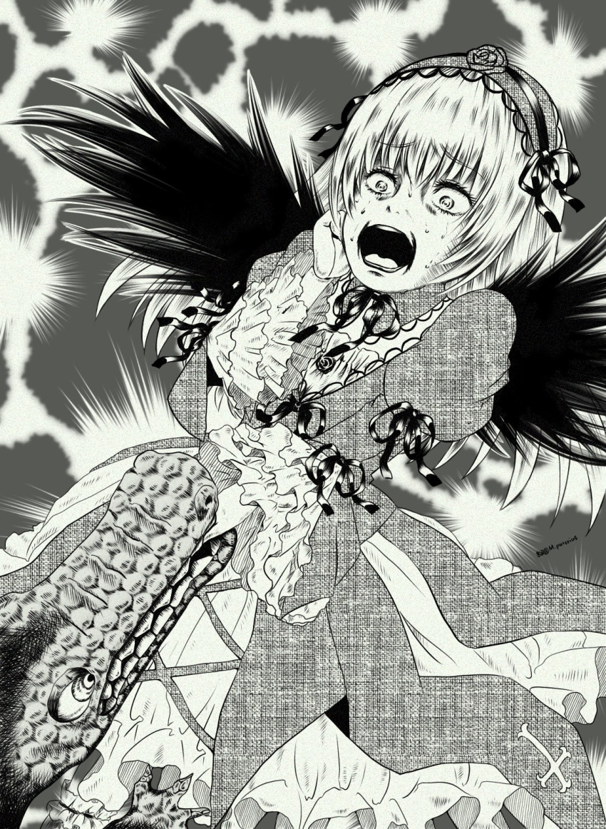 1girl biting comedy copyright_request crocodile crocodilian doll_joints dress flower frilled_sleeves frills gothic_lolita greyscale hairband highres joints kiru_(m_putorius) lolita_fashion lolita_hairband long_hair long_sleeves monochrome open_mouth parody parody_request ribbon rose rozen_maiden solo style_parody suigintou surprised sweat wide_sleeves wings