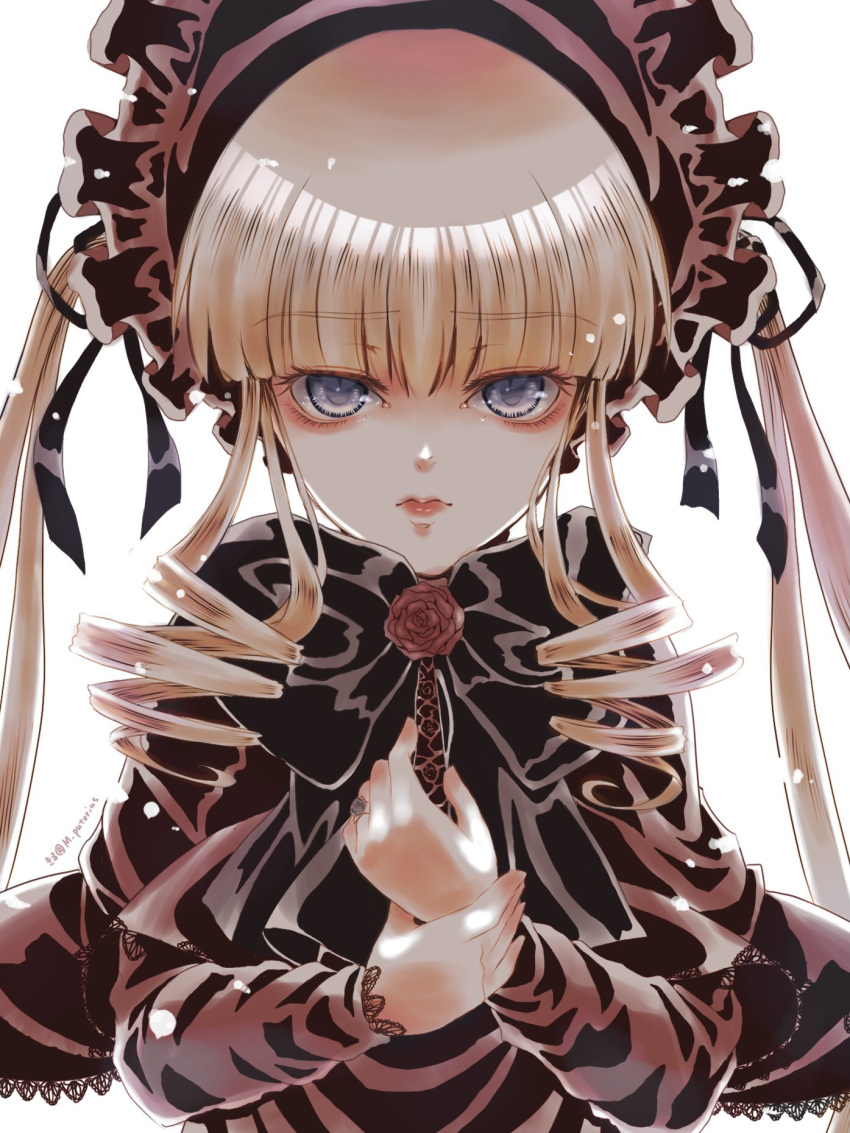 1girl blonde_hair blue_eyes bonnet capelet dress drill_hair expressionless flower highres jewelry kiru_(m_putorius) lolita_fashion long_hair long_sleeves looking_at_viewer own_hands_together red_capelet red_dress ring rose rozen_maiden shinku simple_background solo twintails upper_body white_background