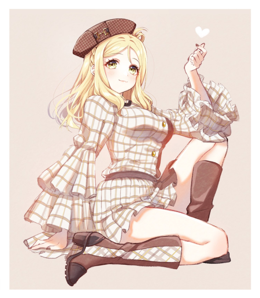 1girl arm_support blonde_hair boots braid breasts brown_footwear brown_headwear checkered_clothes checkered_headwear commentary dress full_body grey_dress hand_up heart highres knee_boots knee_up light_brown_background long_hair love_live! love_live!_sunshine!! medium_breasts nky4321 ohara_mari on_one_knee plaid plaid_dress short_dress sitting solo symbol-only_commentary wide_sleeves yellow_eyes