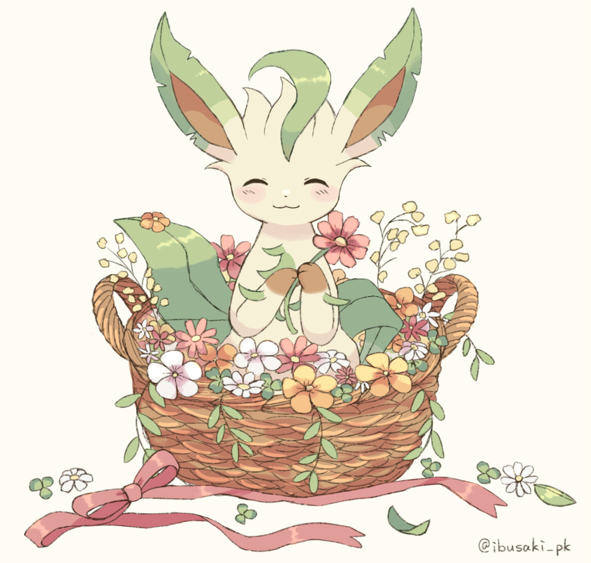 :3 basket blush closed_eyes closed_mouth commentary_request facing_viewer flower highres ibusaki_(ivu) in_basket leafeon no_humans pink_flower pokemon pokemon_(creature) ribbon smile solo