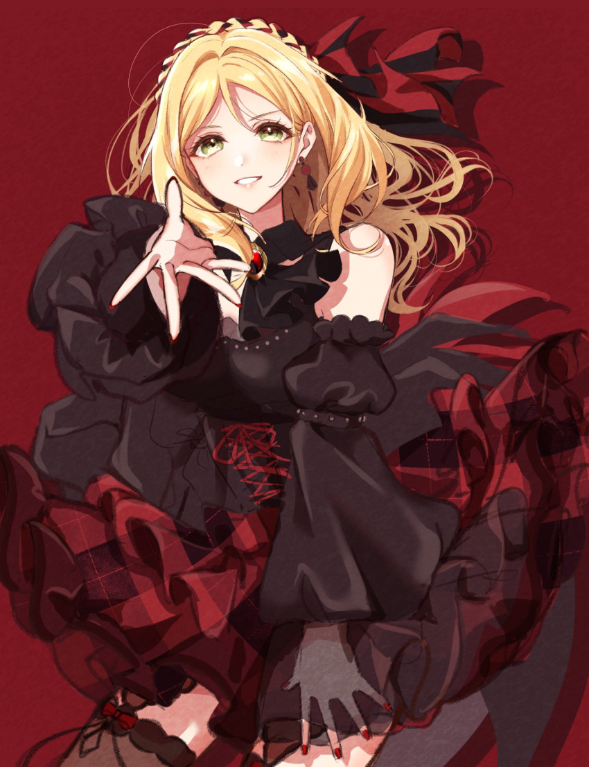 1girl ascot bare_shoulders black_ascot black_dress black_sleeves blonde_hair braid commentary cowboy_shot crown_braid detached_sleeves dress eyelashes foreshortening grin hair_intakes hand_on_own_thigh highres long_hair looking_at_viewer love_live! love_live!_sunshine!! miniskirt nail_polish nky4321 ohara_mari plaid plaid_skirt reaching reaching_towards_viewer red_background red_nails red_skirt simple_background single_bang skirt smile solo unmoving_pattern wide_sleeves yellow_eyes