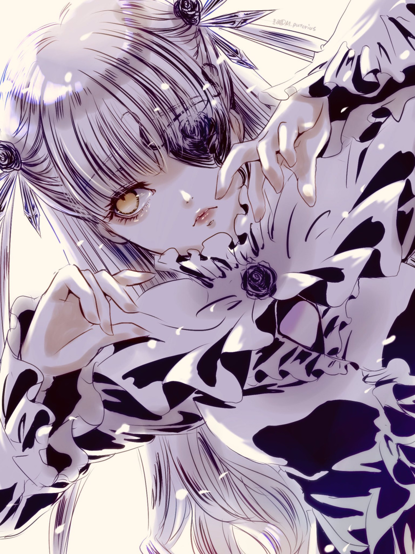 1girl barasuishou dress expressionless eyepatch flower flower_eyepatch hair_ornament hands_up highres kiru_(m_putorius) long_hair long_sleeves looking_to_the_side purple_dress rose rozen_maiden simple_background sketch solo two_side_up upper_body white_background yellow_eyes