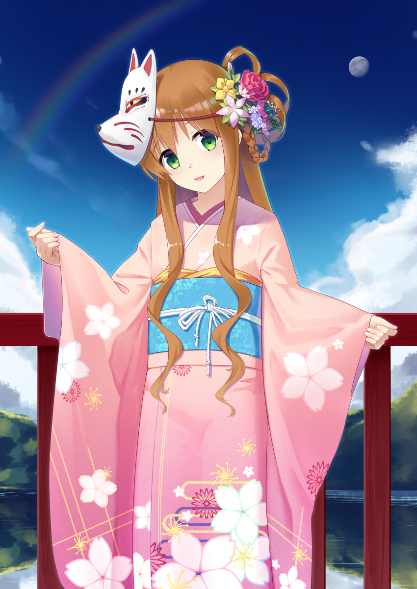 1girl :d absurdres blue_sash blue_sky braided_hair_rings cherry_blossom_print clouds commentary cowboy_shot day eyes_visible_through_hair fence floral_print flower fox_mask full_moon green_eyes hair_between_eyes hair_ornament hands_up head_tilt highres japanese_clothes kanbe_kotori kano_(kotailo) kanzashi kimono light_blush long_hair looking_at_viewer mask mask_on_head moon moon_in_daylight mountainous_horizon open_mouth outdoors pink_flower print_kimono rainbow red_flower red_rose rewrite rose sash sidelocks sky sleeves_past_wrists smile solo standing straight-on very_long_hair wavy_hair wide_sleeves yellow_flower yukata