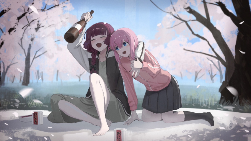2girls barefoot black_jacket black_skirt black_socks blue_eyes blurry blush bocchi_the_rock! bottle braid cherry_blossoms closed_eyes commentary_request dress drunk fang full_body gotoh_hitori green_dress hand_on_ground highres hiroi_kikuri holding holding_bottle jacket knee_up kneehighs kneeling long_hair long_sleeves multiple_girls nekoreito no_shoes open_clothes open_jacket open_mouth outdoors pink_hair pink_jacket pleated_skirt purple_hair single_braid skirt smile socks sweatdrop track_jacket tree wine_bottle