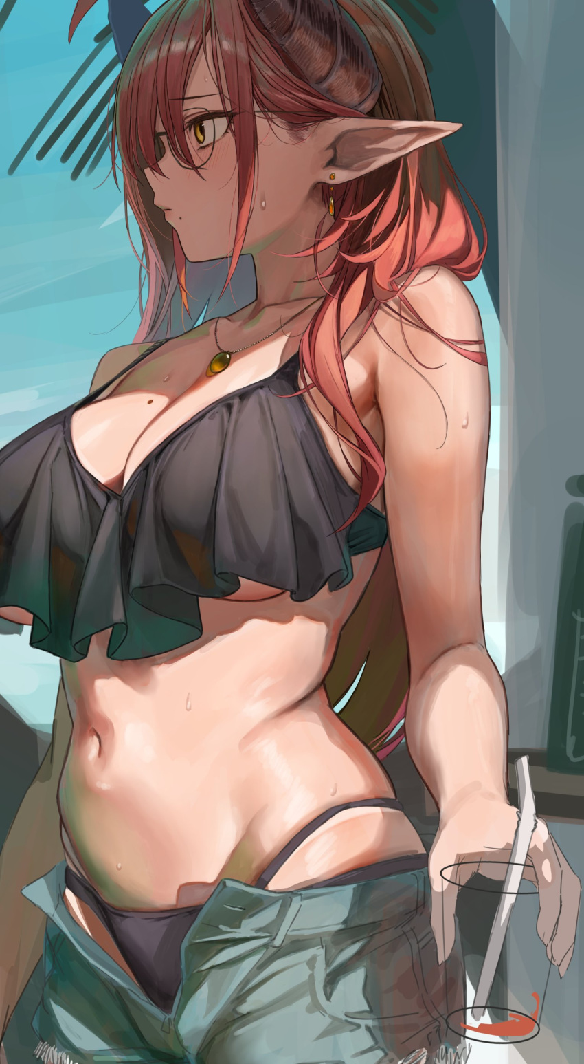 1girl absurdres bikini breasts character_request collarbone copyright_request drinking_straw earrings glass glasses highres horns jewelry large_breasts long_hair marse_(rokudaime) mole mole_on_breast navel necklace redhead shorts sjade skindentation sky solo sweat swimsuit unzipped