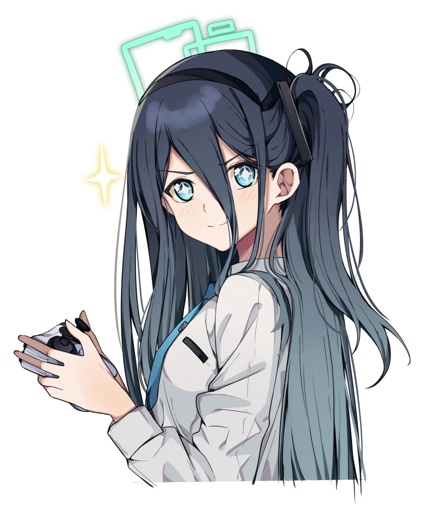 +_+ 1girl absurdres aris_(blue_archive) black_hairband blue_archive blue_eyes blue_hair blue_necktie closed_mouth collared_shirt controller cropped_torso dark_blue_hair hair_between_eyes hair_ornament hairband halo highres holding holding_controller light_blush long_bangs long_hair looking_at_viewer necktie one_side_up pokarii_zuu shirt simple_background smile solo upper_body white_background white_shirt