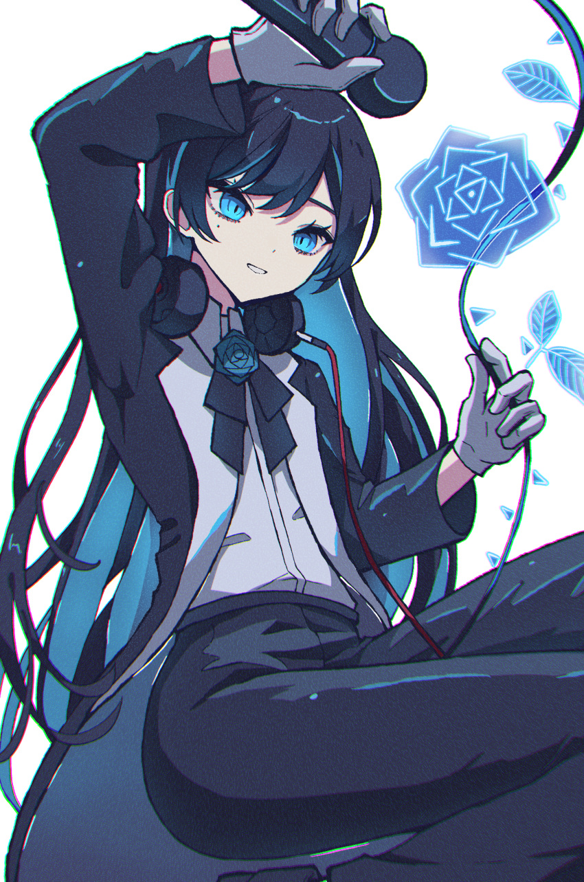 1girl ado_(singer) arm_up black_bow black_bowtie black_coat black_hair black_pants black_suit blue_eyes blue_flower blue_rose bow bowtie cable chromatic_aberration cloud_nine_inc coat colored_inner_hair dress_shirt feet_out_of_frame flower formal gloves grin headphones headphones_around_neck highres holding holding_cable holding_microphone long_hair long_sleeves looking_ahead microphone mole mole_under_eye multicolored_hair pant_suit pants rose shirt shoes smile solo squatting suit takayou very_long_hair white_background white_gloves white_shirt