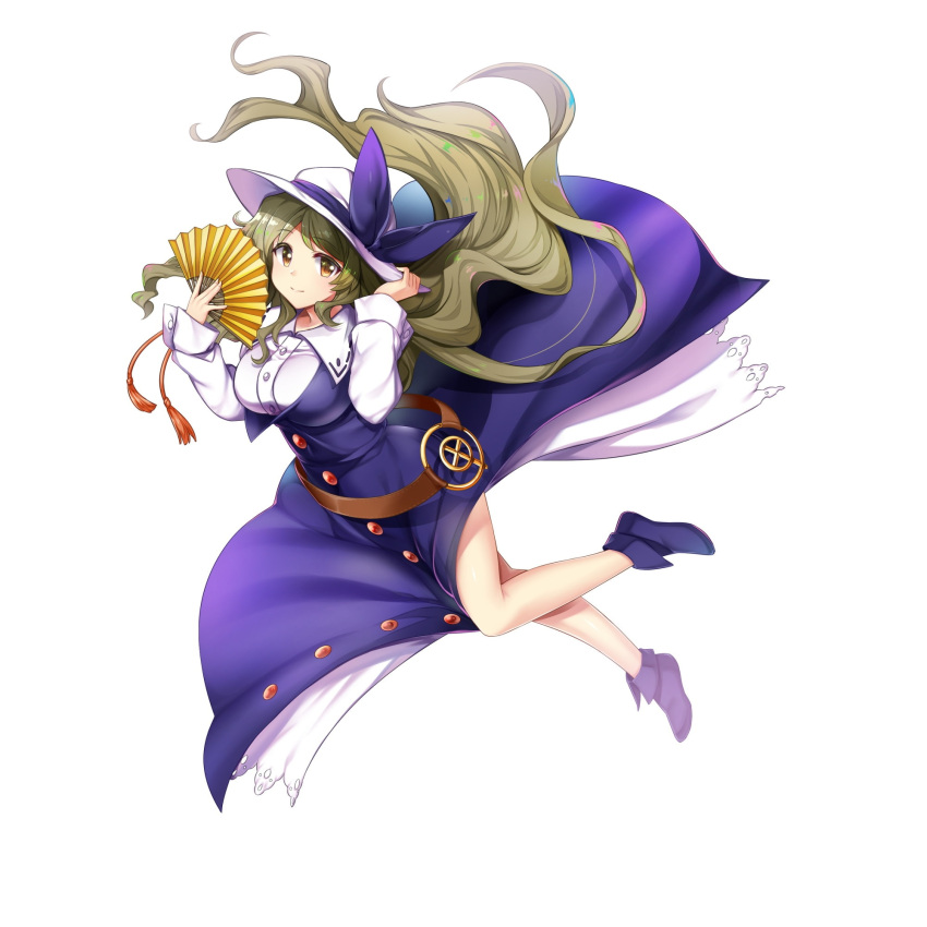 1girl belt breasts brown_eyes closed_mouth dress folding_fan full_body game_cg hand_fan hand_on_headwear hat hat_ribbon highres holding holding_fan large_breasts light_brown_hair long_hair long_sleeves looking_at_viewer purple_dress purple_footwear purple_ribbon ribbon rotte_(1109) simple_background smile solo third-party_source touhou touhou_lost_word watatsuki_no_toyohime white_background white_headwear