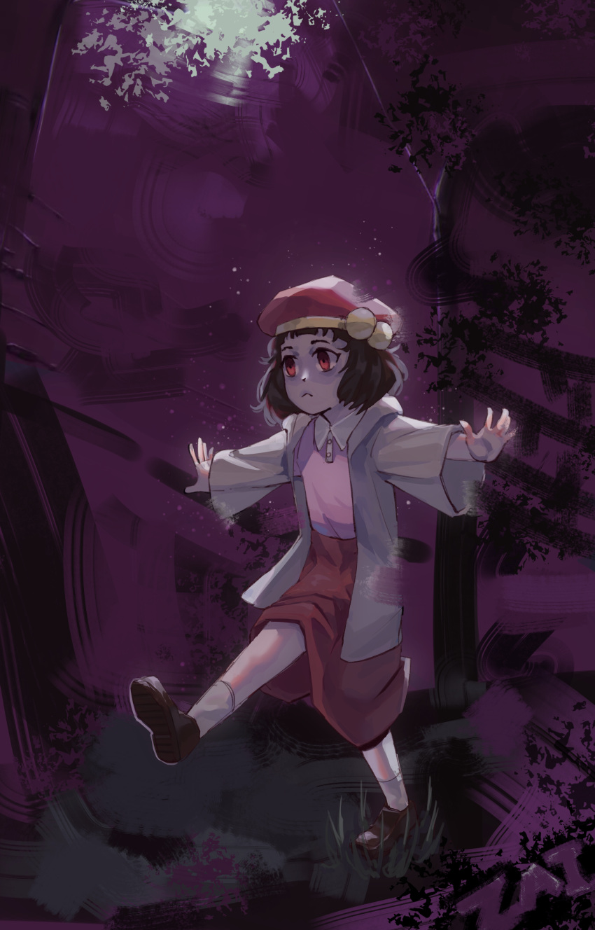 abstract_background absurdres brown_hair expressionless grey_jacket highres jacket milk-chan_(milk_series) milk_inside_a_bag_of_milk_inside_a_bag_of_milk outstretched_arms pale_skin pink_shirt purple_background red_eyes red_headwear red_skirt shirt skirt zaigrandeu