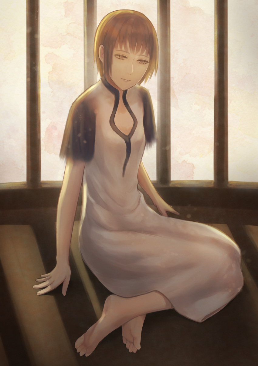 1girl ashitana barefoot closed_mouth dress feet grey_hair highres ico pointy_ears short_hair sitting solo white_dress yorda