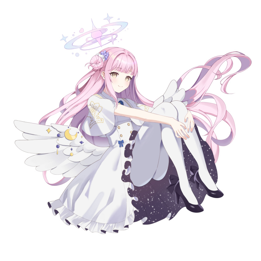 1girl angel_wings black_footwear blue_archive capelet closed_mouth commentary crescent dress feathered_wings flower frilled_dress frills hair_bun hair_flower hair_ornament halo highres knees_up long_hair looking_at_viewer low_wings mika_(blue_archive) pantyhose pink_hair scrunchie shan_(ti0n) simple_background single_side_bun smile solo very_long_hair white_background white_capelet white_dress white_pantyhose white_wings wings yellow_eyes