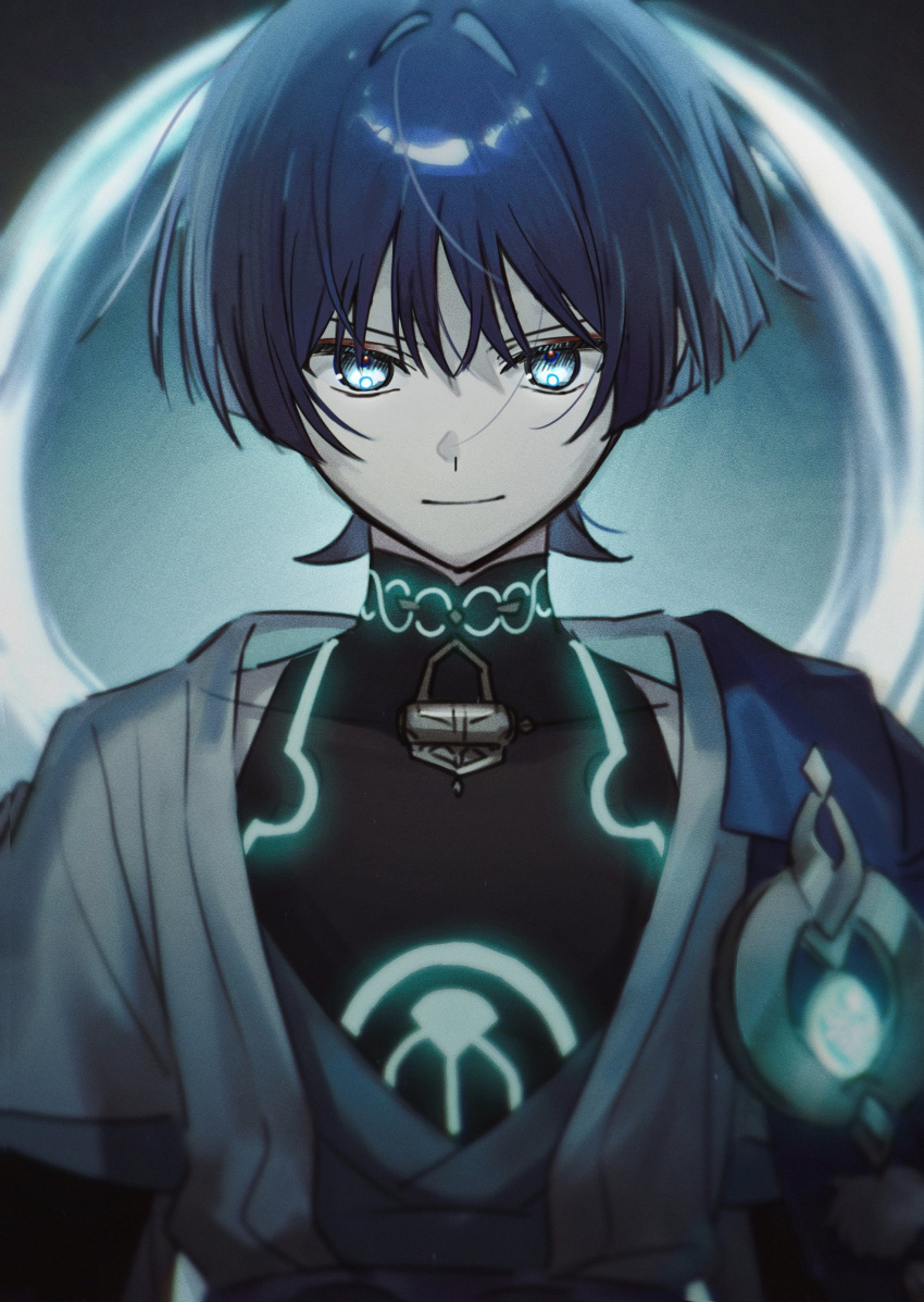 1boy absurdres belt black_shirt blue_cape blue_eyes blue_gemstone blue_hair blunt_ends cape closed_mouth covered_collarbone eyeshadow gem genshin_impact gold_trim hair_between_eyes highres looking_at_viewer makeup male_focus mandarin_collar nacl5844277 no_headwear open_clothes open_vest pom_pom_(clothes) purple_belt red_eyeshadow scaramouche_(genshin_impact) shirt short_hair short_sleeves sleeveless sleeveless_shirt smile solo standing v-shaped_eyebrows vest vision_(genshin_impact) wanderer_(genshin_impact) white_vest