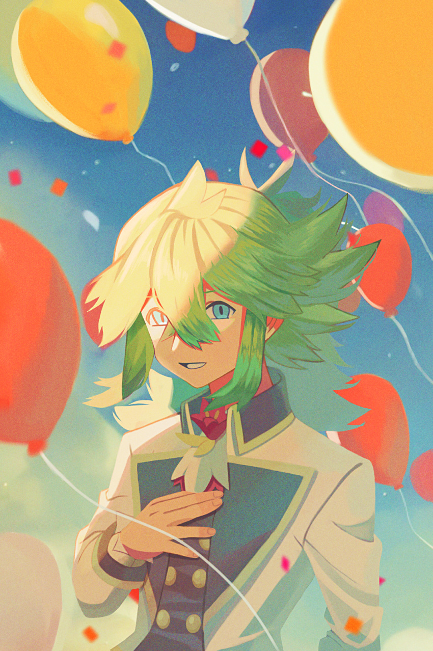 1boy aqua_eyes ascot balloon buttons commentary_request confetti crossed_bangs day green_hair hair_between_eyes hand_up highres jacket long_hair long_sleeves male_focus n_(anniversary_2021)_(pokemon) n_(pokemon) official_alternate_costume outdoors pokemon pokemon_(game) pokemon_masters_ex solo white_ascot white_jacket zero_(sleepy_meltan)