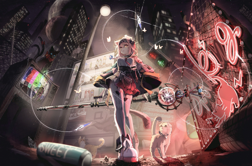 1girl :&lt; absurdres animal_ears arknights black_headband breasts bug butterfly can cat cat_ears chain-link_fence commentary drone english_commentary fence goldenglow_(arknights) headband highres holding holding_staff iasimo lamppost large_breasts layered_skirt lightning_bolt_print looking_at_viewer necktie neon_lights night night_sky outdoors pink_hair pink_thighhighs red_necktie red_skirt shirt shoes short_hair skirt sky sneakers soda_can solo staff television thigh-highs vending_machine white_footwear white_shirt yellow_eyes