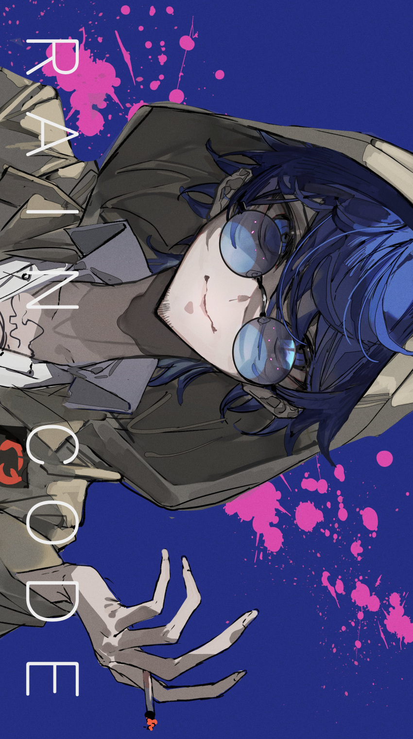 1boy absurdres blood blood_splatter blue-tinted_eyewear blue_background blue_eyes blue_hair cigarette closed_mouth coat collared_shirt commentary_request copyright_name facial_hair grey_coat highres holding holding_cigarette hood hood_up jacket long_sleeves looking_at_viewer male_focus master_detective_archives:_rain_code mura_karuki pink_blood round_eyewear shirt short_hair sideways smile solo stubble tinted_eyewear upper_body white_shirt yakou_furio