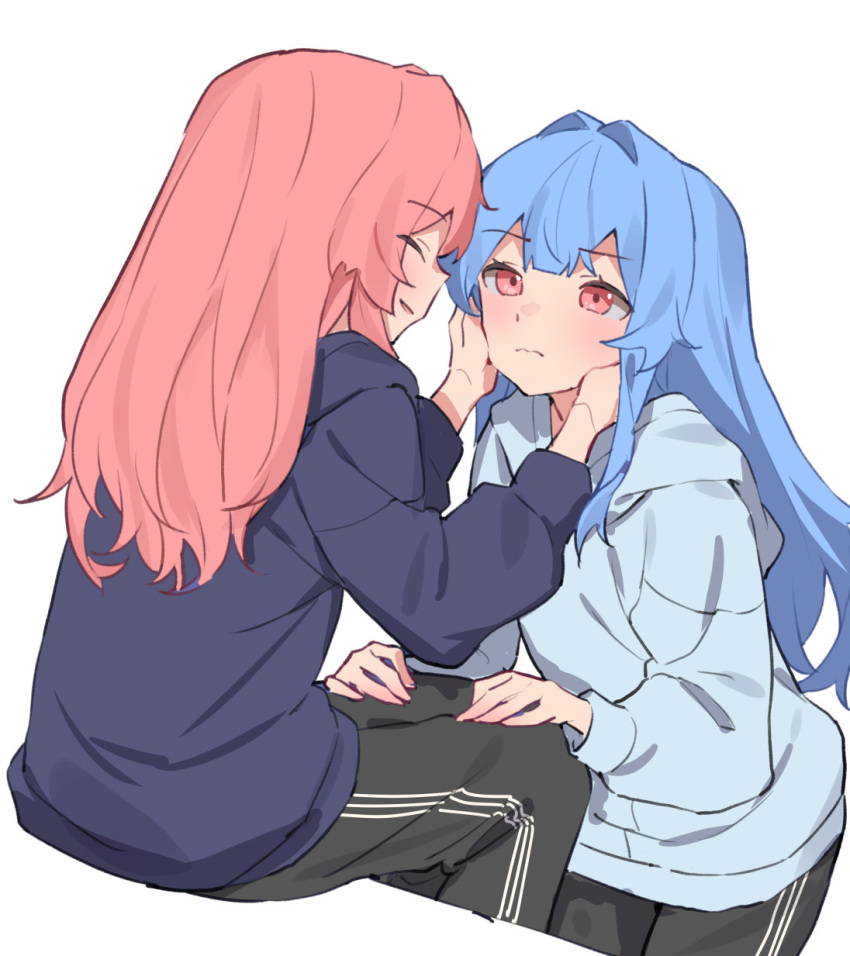 2girls black_hoodie black_pants blue_eyes blue_hair blue_hoodie closed_eyes closed_mouth hands_on_another's_face highres hood hoodie kotonoha_akane kotonoha_aoi long_hair long_sleeves multiple_girls open_mouth pants pink_hair red_eyes siblings simple_background sisters smile voiceroid white_background yamamomo_(plank)