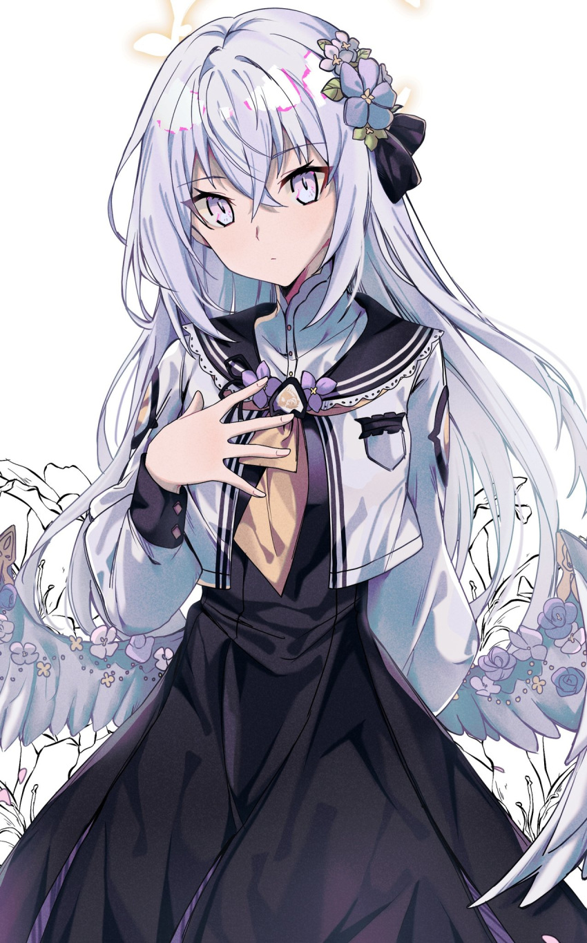 1girl azusa_(blue_archive) black_dress black_ribbon black_sailor_collar blue_archive closed_mouth cropped_jacket crossed_bangs dress feathered_wings flower gradient_eyes hair_between_eyes hair_flower hair_ornament hair_ribbon hand_on_own_chest highres jacket long_sleeves looking_at_viewer low_wings multicolored_eyes pink_eyes pokarii_zuu purple_flower ribbon sailor_collar simple_background solo upper_body white_background white_hair white_jacket white_wings wings